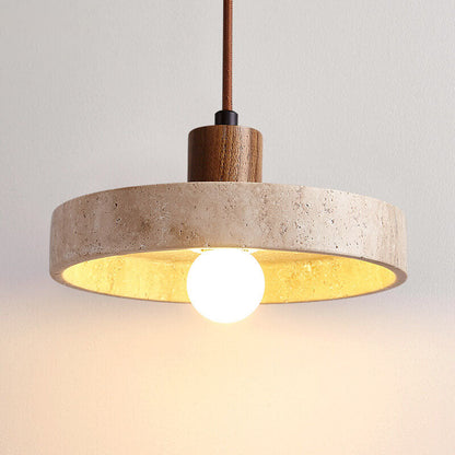 Japanese Minimalist Solid Wood Disc Yellow Travertine Base 1-light Pendant Light