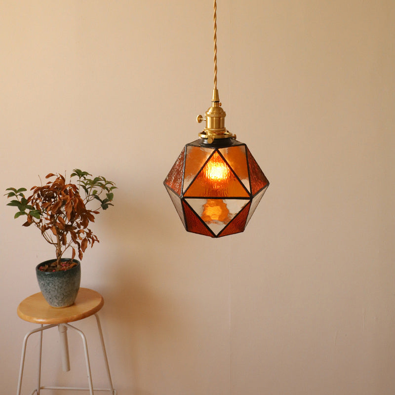 Traditional Vintage Polygonal Brass Stained Glass 1-light Pendant Light for Living Room