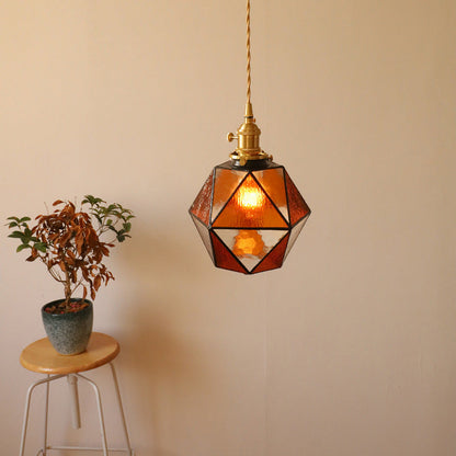 Traditional Vintage Polygonal Brass Stained Glass 1-light Pendant Light for Living Room