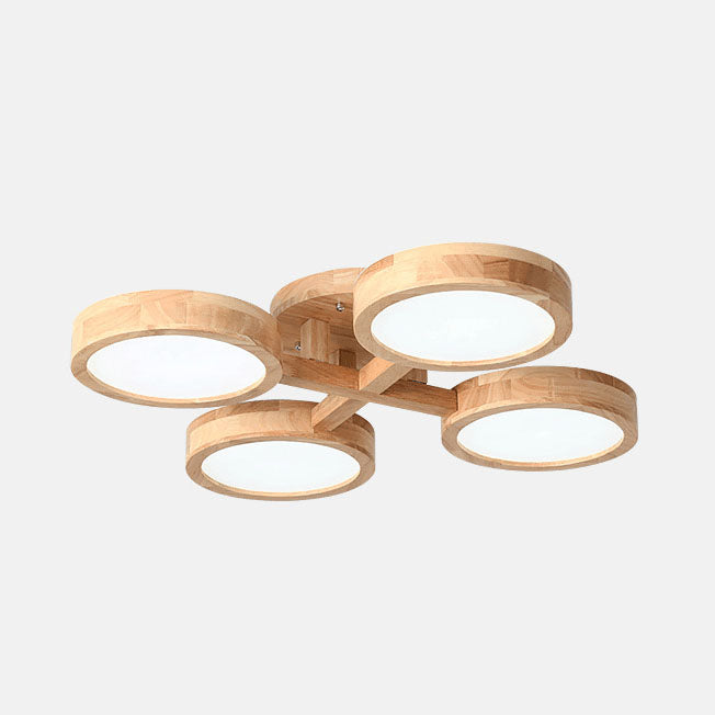 Contemporary Scandinavian Round Rubberwood LED Flush Mount Ceiling Light for Living Room