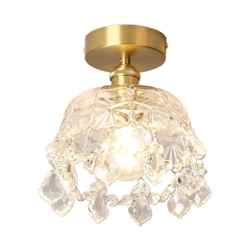 Modern Art Deco Brass Frame Crystal Round Glass Shade 1-light Semi-flush Mount Ceiling Light for Living Room