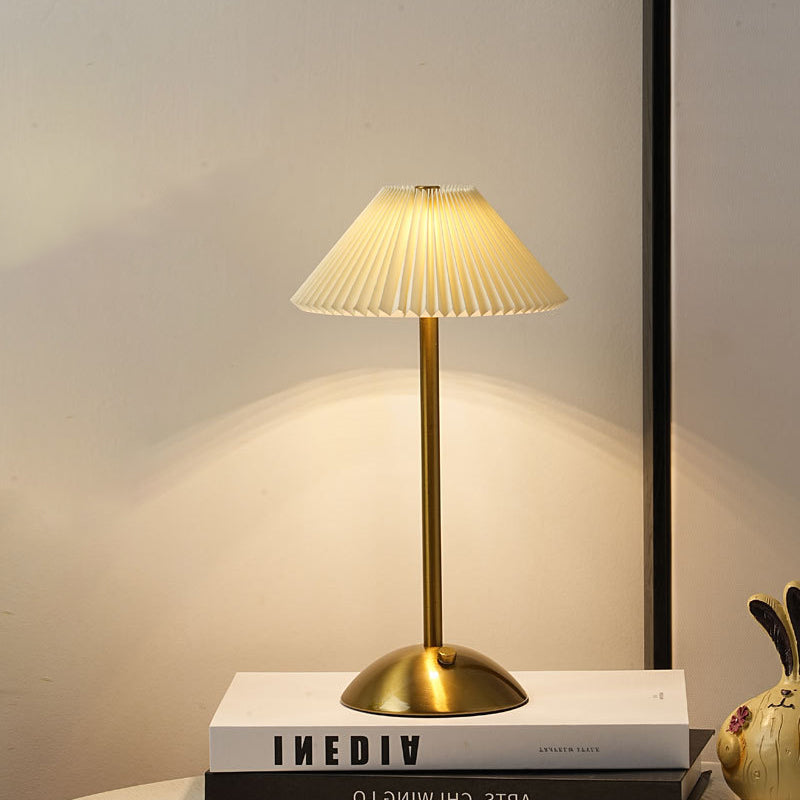 Contemporary Scandinavian Rechargeable Iron Fabric Conic Pleated 1-Light Table Lamp For Bedside Lumendat