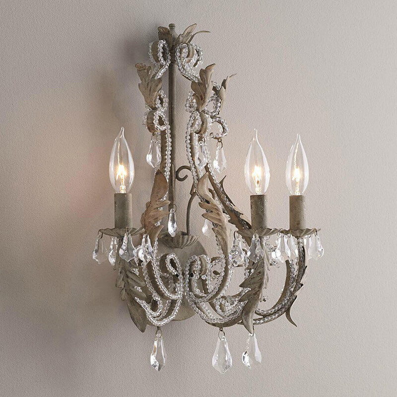 French Vintage Iron Crystal Hardware 3-Light Wall Sconce Lamp Lumendat