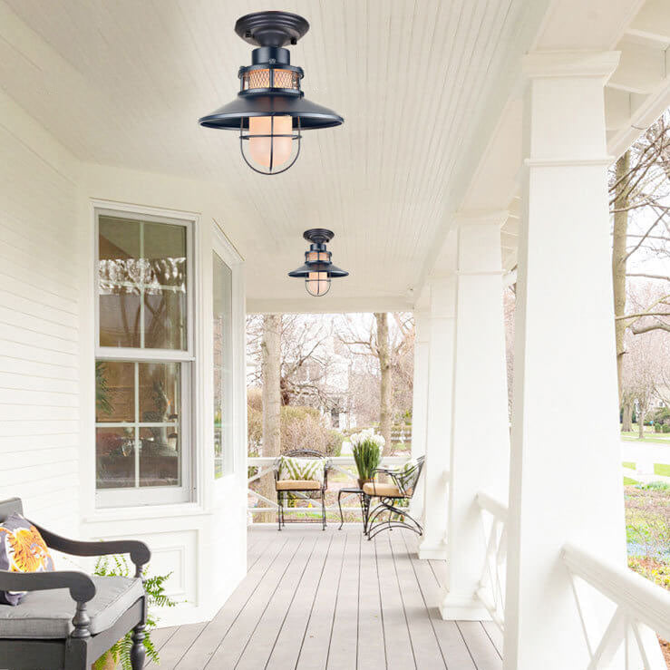 Outdoor Waterproof Iron Frosted Glass 1-Light Semi-Flush Mount Ceiling Light Lumendat