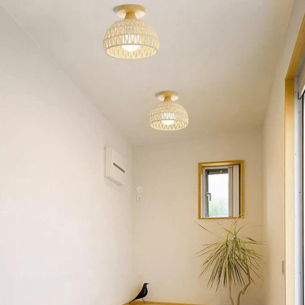 Traditional Japanese Rattan Art Round 1-Light Semi-Flush Mount Ceiling Light For Entryway Lumendat