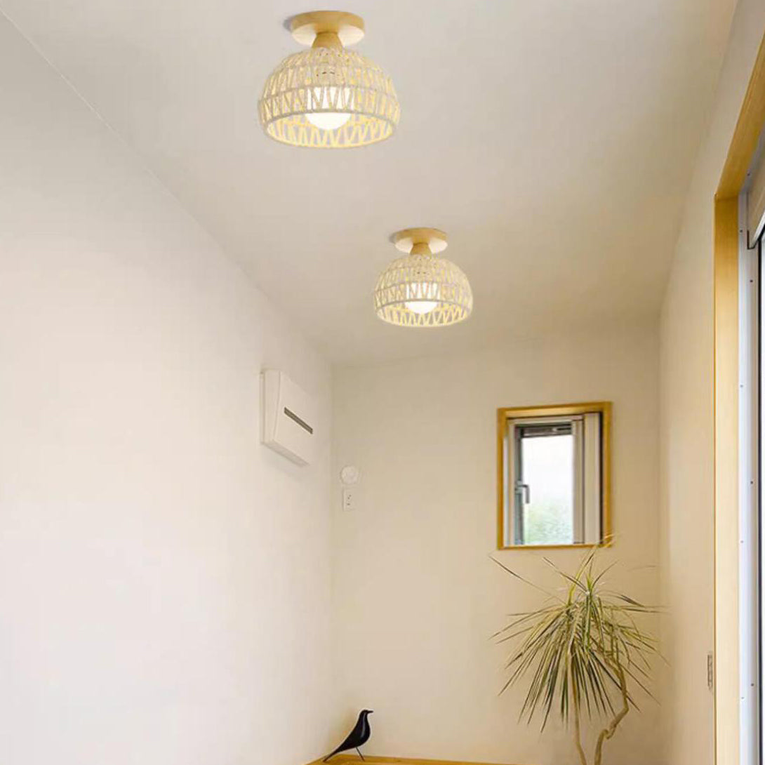 Traditional Japanese Rattan Art Round 1-Light Semi-Flush Mount Ceiling Light For Entryway Lumendat
