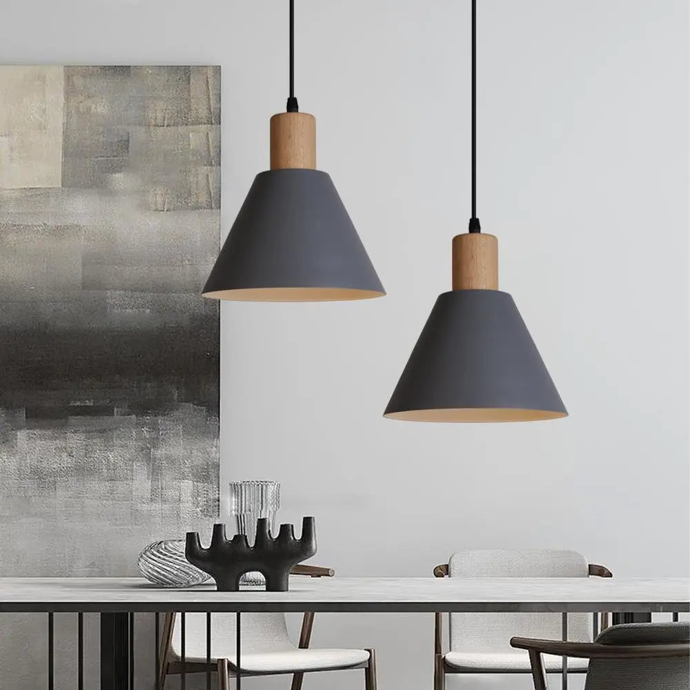 Nordic Vintage Iron Cone Wood Top 1-light Pendant Light Lumendat