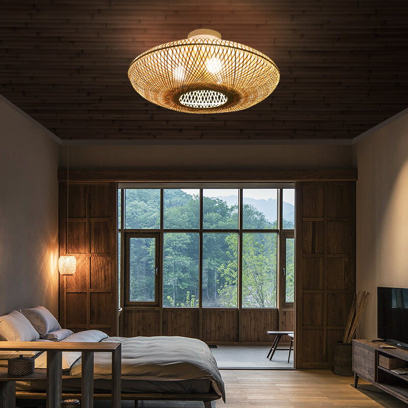 Japanese Bamboo Weaving Round Flying Saucer 3-light Semi-flush Mount Light