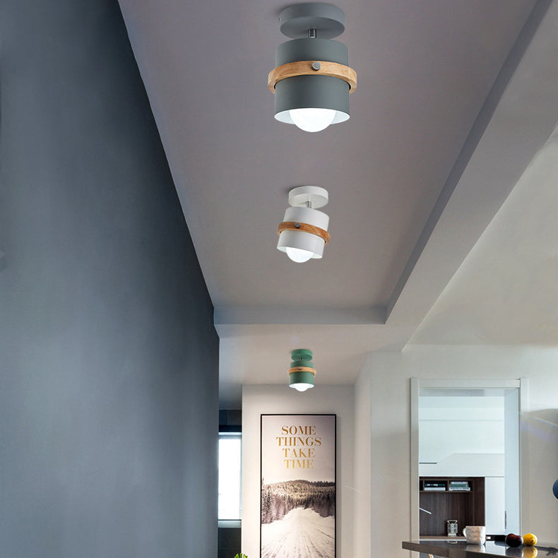Contemporary Nordic Round Cylinder Iron Solid Wood 1-Light Semi-Flush Mount Ceiling Light For Hallway Lumendat