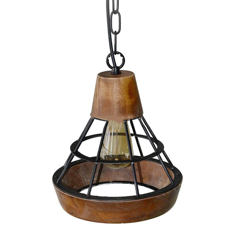 French Industrial Wrought Iron Wood Funnel Frame 1-Light Pendant Light