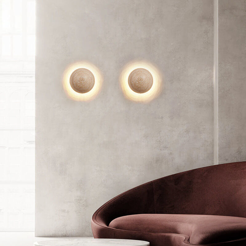 Traditional Japanese Round Yellow Travertine Wabi-Sabi LED Wall Sconce Lamp For Hallway Lumendat