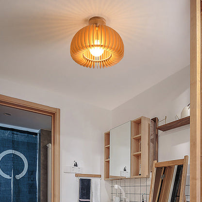 Traditional Japanese Iron Wood Round Grille 1-Light Semi-Flush Mount Ceiling Light For Hallway