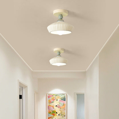 Contemporary Scandinavian Cream Ceramic Geometric Round Shade 1-Light Semi-Flush Mount Ceiling Light For Living Room
