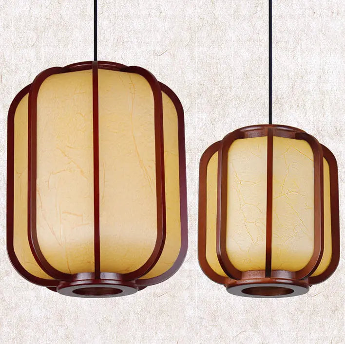 Modern Chinese Faux Sheepskin Wooden Lantern 1-light Pendant Light Lumendat