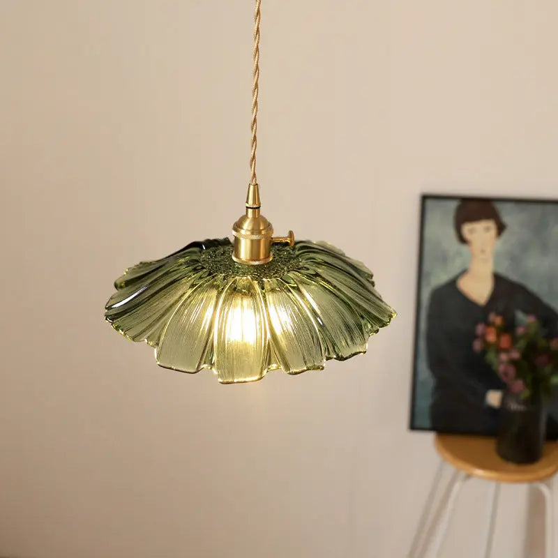 Traditional Vintage Lotus Leaf Glass Brass 1-light Pendant Light for Living Room BulbSquare