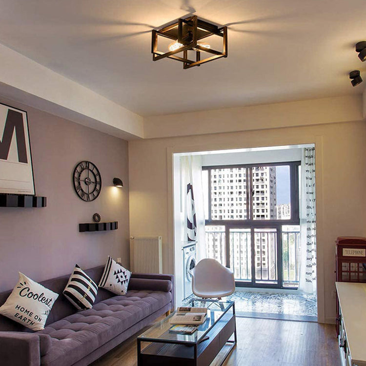 Contemporary Industrial Square Iron 2-light Semi-flush Mount Ceiling Light for Living Room