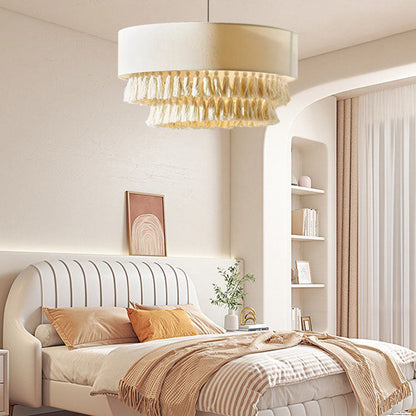 Contemporary Boho Fabric Cylinder Shade Tassel Braided Rope 3-light Chandelier for Living Room