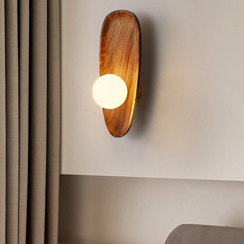 Traditional Japanese Irregular Oval Plate Wood Glass LED Wall Sconce Lamp For Bedroom Lumendat