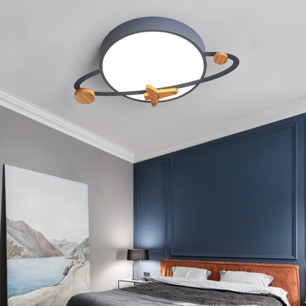 Lumendat Contemporary Scandinavian Iron Acrylic Wood Round Planet Design LED Kids Flush Mount Ceiling Light For Bedroom Lumendat
