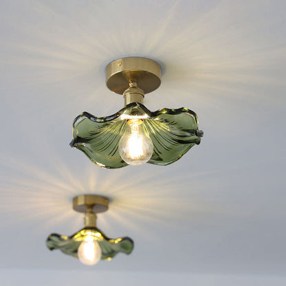 European Vintage Lotus Leaf Iron Copper 1-light Semi-flush Mount Light