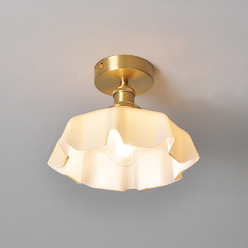 Japanese Vintage Cream Glass Floral Brass 1-Light Semi-Flush Mount Ceiling Light Lumendat