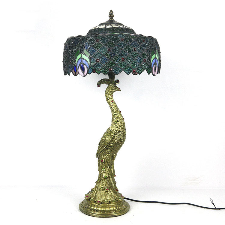 Vintage Tiffany Peacock Gem Dome Glass Resin 1-Light Table Lamp Lumendat