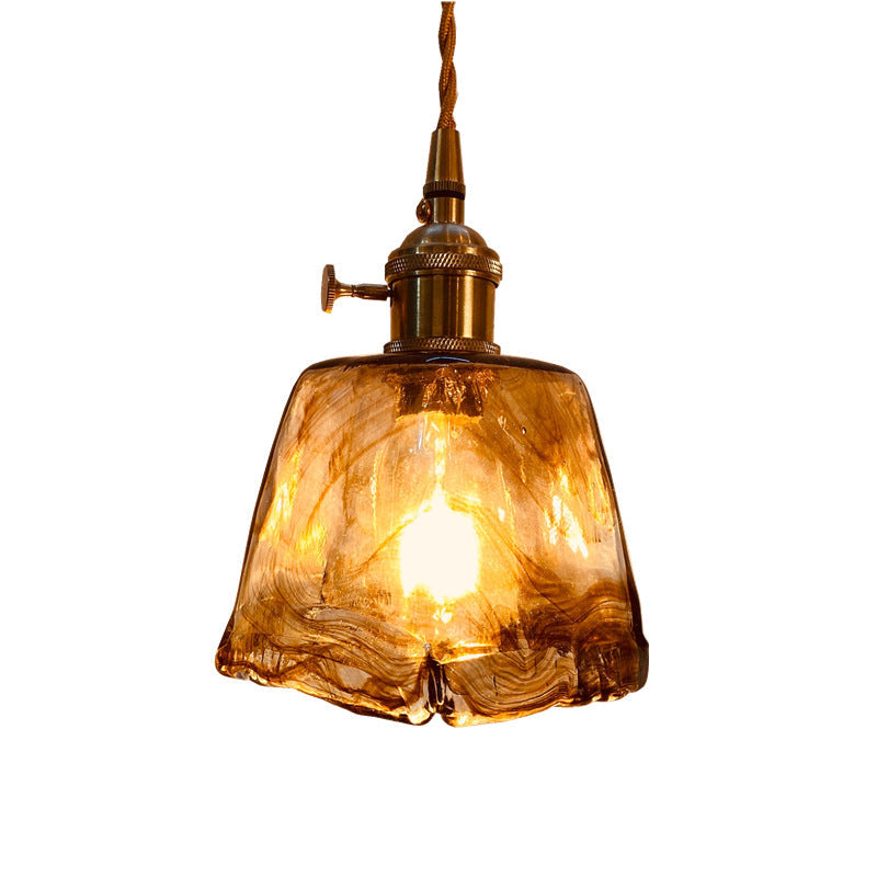 Traditional Vintage Amber Square Glass Brass 1-light Pendant Light for Living Room BulbSquare