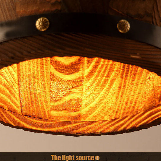 Traditional Rustic Round Wooden Wine Barrel 1-Light Single Barrel Pendant Light For Dining Room