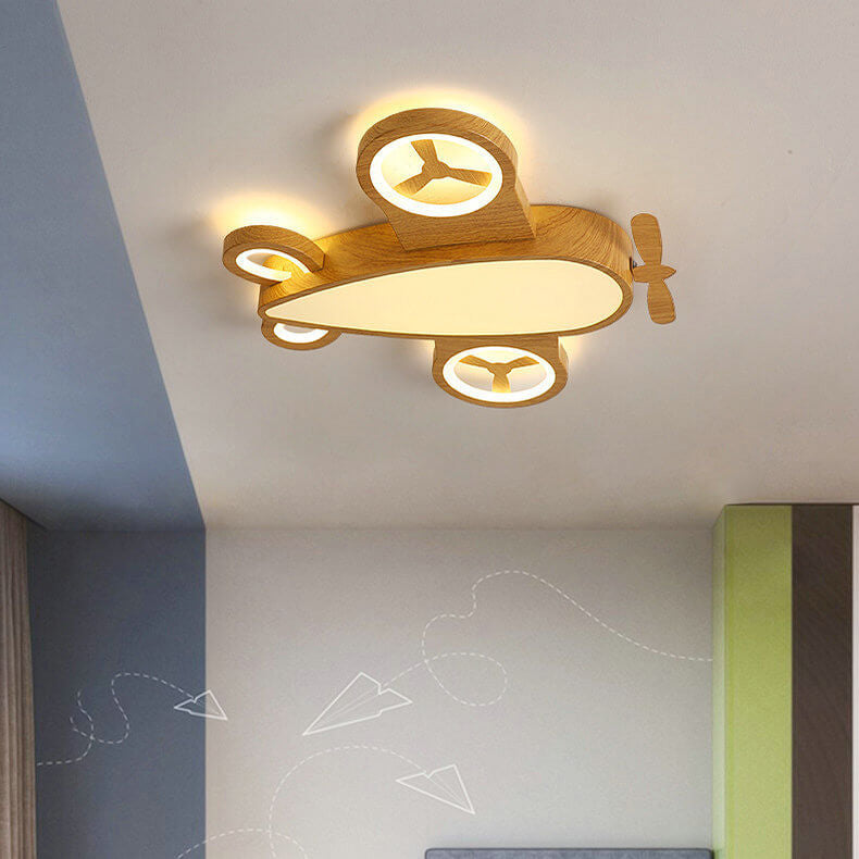 Cartoon Creative Wood Grain Aircraft LED Kids Flush Mount Ceiling Light BulbSquare