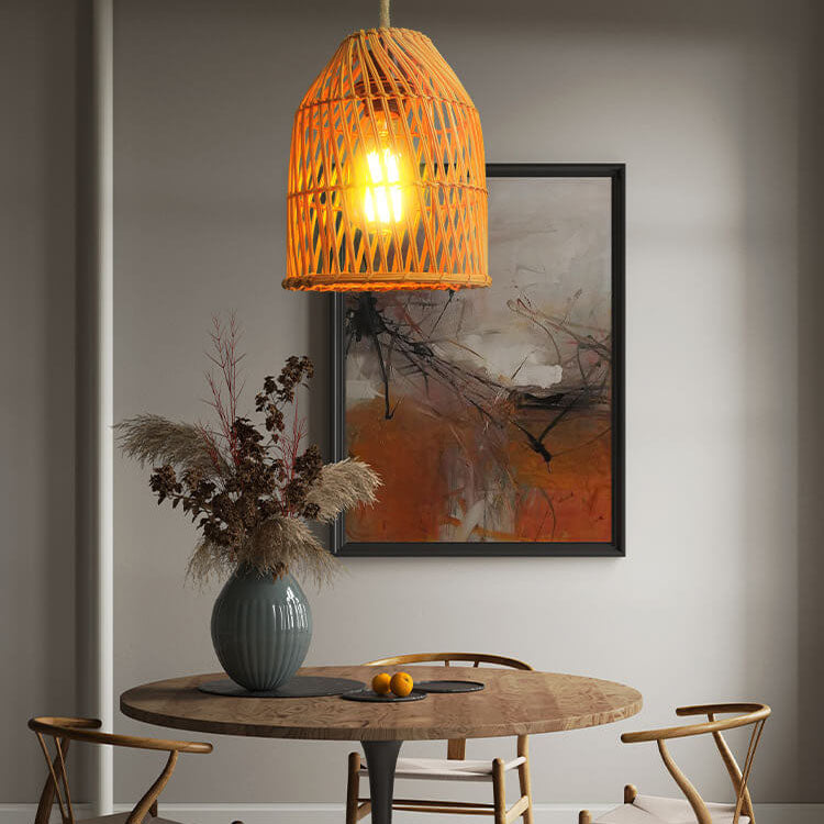 Vintage Rattan Weaving Dome Column 1-light Pendant Light BulbSquare