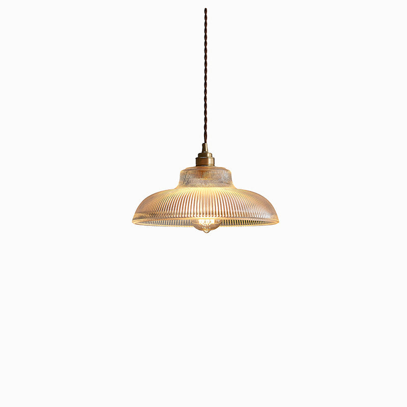 Traditional Vintage Ribbed Glass Disc Shade Brass 1-light Pendant for Living Room