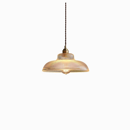 Traditional Vintage Ribbed Glass Disc Shade Brass 1-light Pendant for Living Room