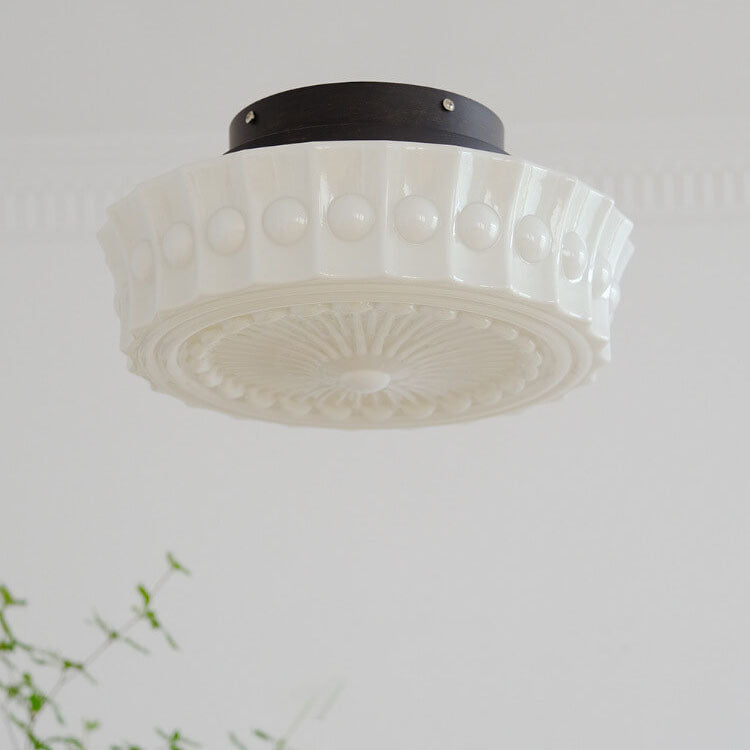 Traditional French Iron Glass Stripes Round Drum LED Semi-Flush Mount Ceiling Light For Living Room & Bedroom