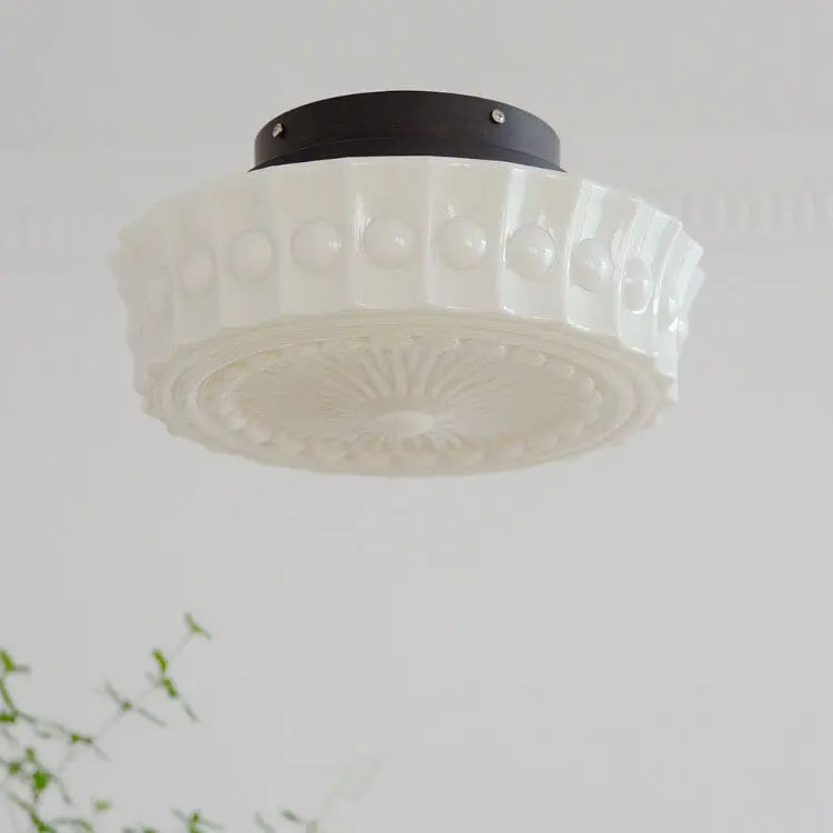 Traditional French Iron Glass Stripes Round Drum LED Semi-flush Mount Ceiling Light for Living Room & Bedroom Lumendat