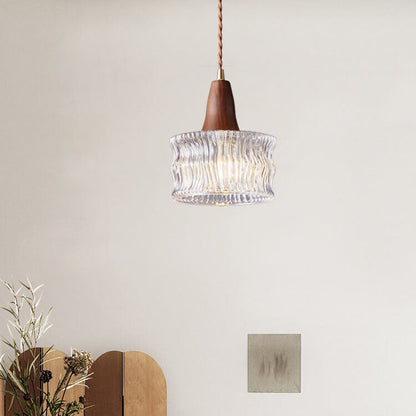 Nordic Vintage Glass Drum Jar Walnut Brass 1-Light Pendant Light