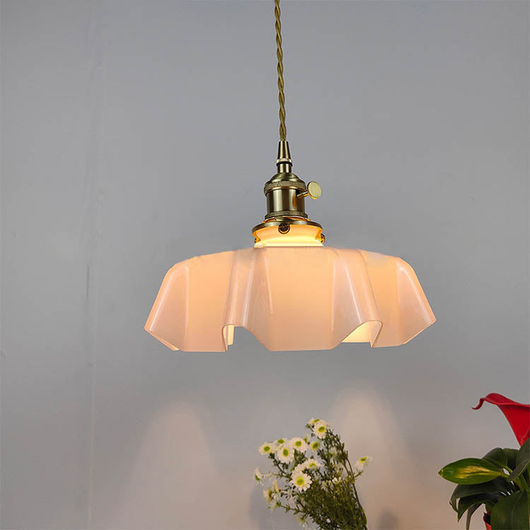 Traditional Japanese Cream Petal Glass Iron 1-Light Pendant Light For Dining Room