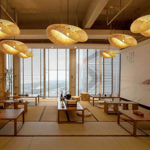 Traditional Japanese Straw Hat Bamboo Weaving Iron 1-light Pendant for Dining Room