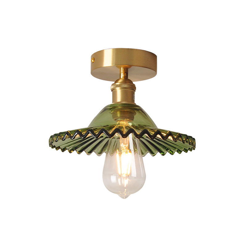 Japanese Vintage Glass Brass Lotus 1-Light Semi-Flush Mount Ceiling Light Lumendat