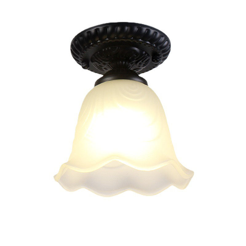Contemporary Retro Floral Bell Round Iron Glass 1-Light Semi-Flush Mount Ceiling Light For Hallway Lumendat