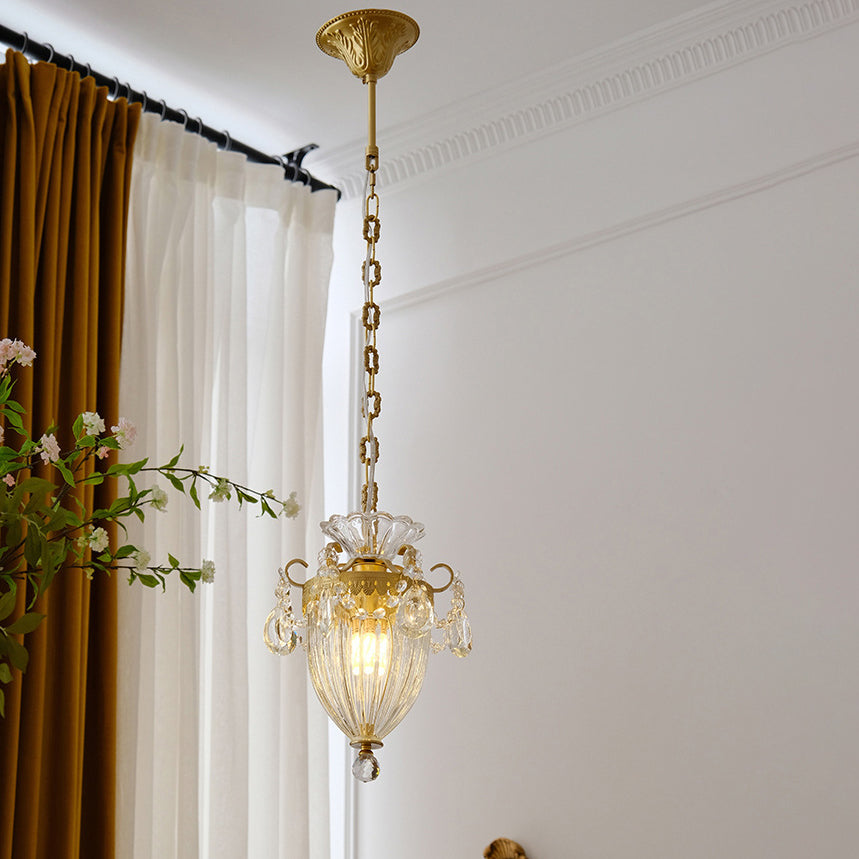 Traditional French Lantern Carved Copper Crystal 1-light Pendant Light for Living Room