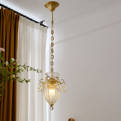 Traditional French Lantern Carved Copper Crystal 1-light Pendant Light for Living Room