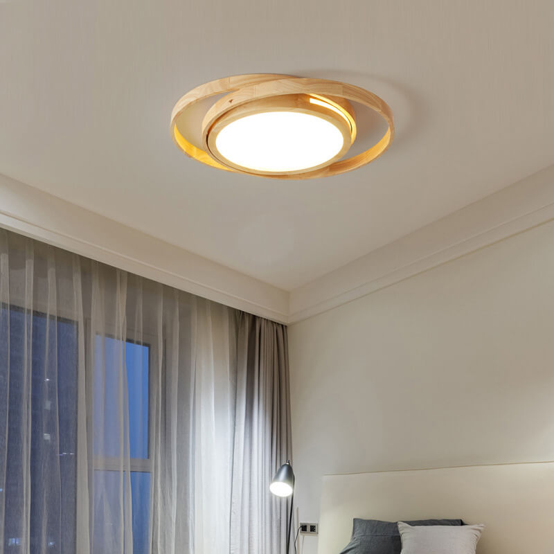 Minimalist Log Wooden Circle Ring LED Flush Mount Ceiling Light BulbSquare