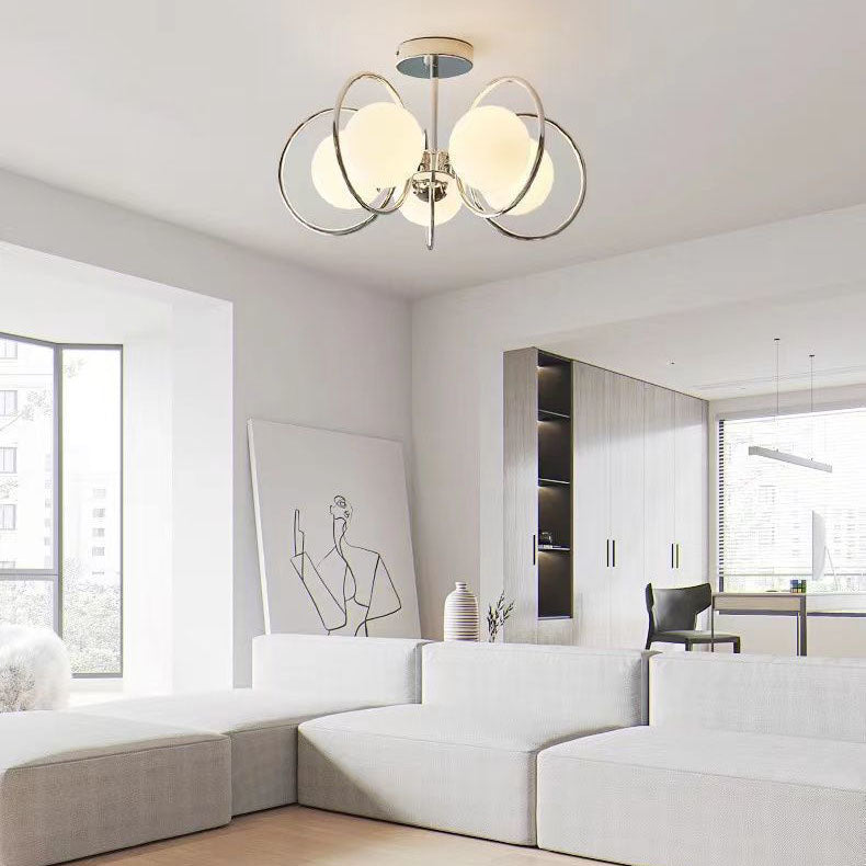 Traditional Vintage Iron Glass Ball Circle 3/5 Light Semi-Flush Mount Ceiling Light For Living Room