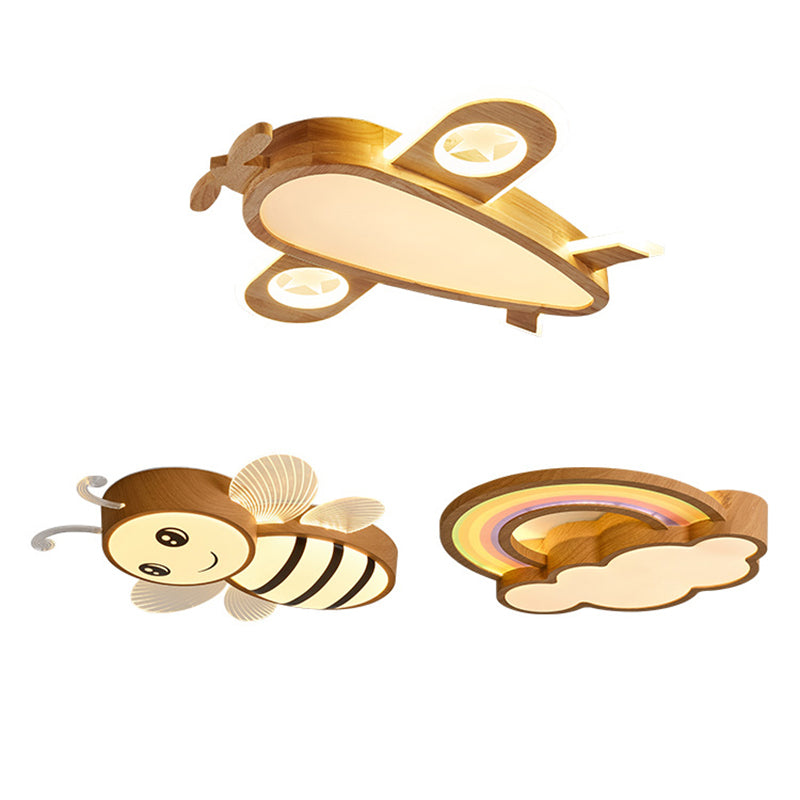 Lumendat Contemporary Creative Woodgrain Cartoon Animal Bee Aircraft Acrylic LED Kids Flush Mount Ceiling Light For Living Room Lumendat