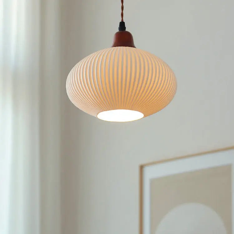 Japanese Vintage Pleated Ceramic Round Dome Wood 1-light Pendant Light Lumendat