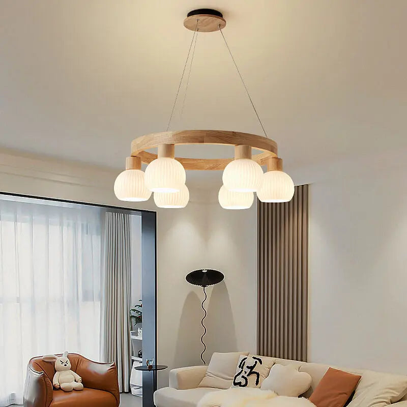 Modern Japanese Log Ring Textured Glass Globe 3/6/9 Light Chandelier Lumendat