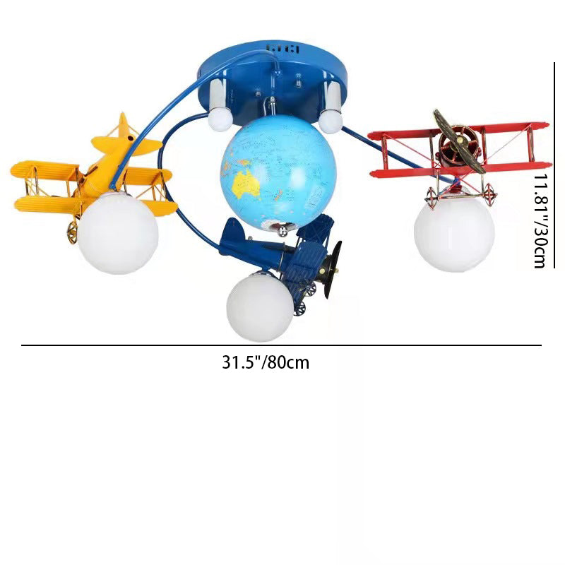 Lumendat Modern Art Deco Orb Airplane Globe Glass Iron Kids 6-Light Flush Mount Ceiling Light For Bedroom Lumendat