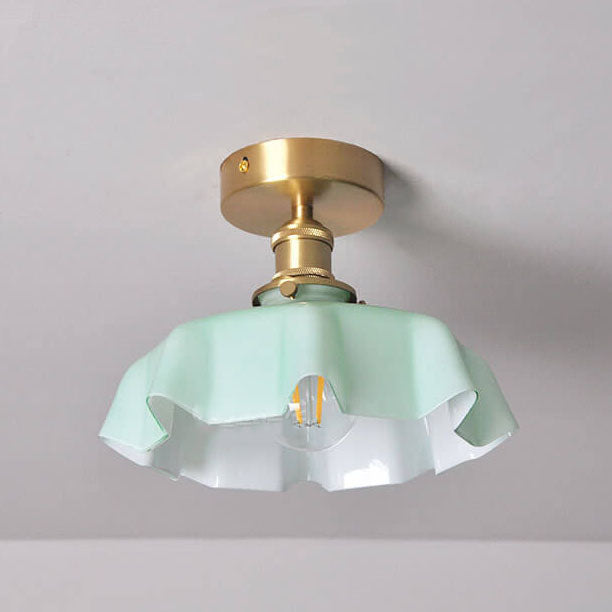 Japanese Vintage Cream Glass Floral Brass 1-Light Semi-Flush Mount Ceiling Light Lumendat