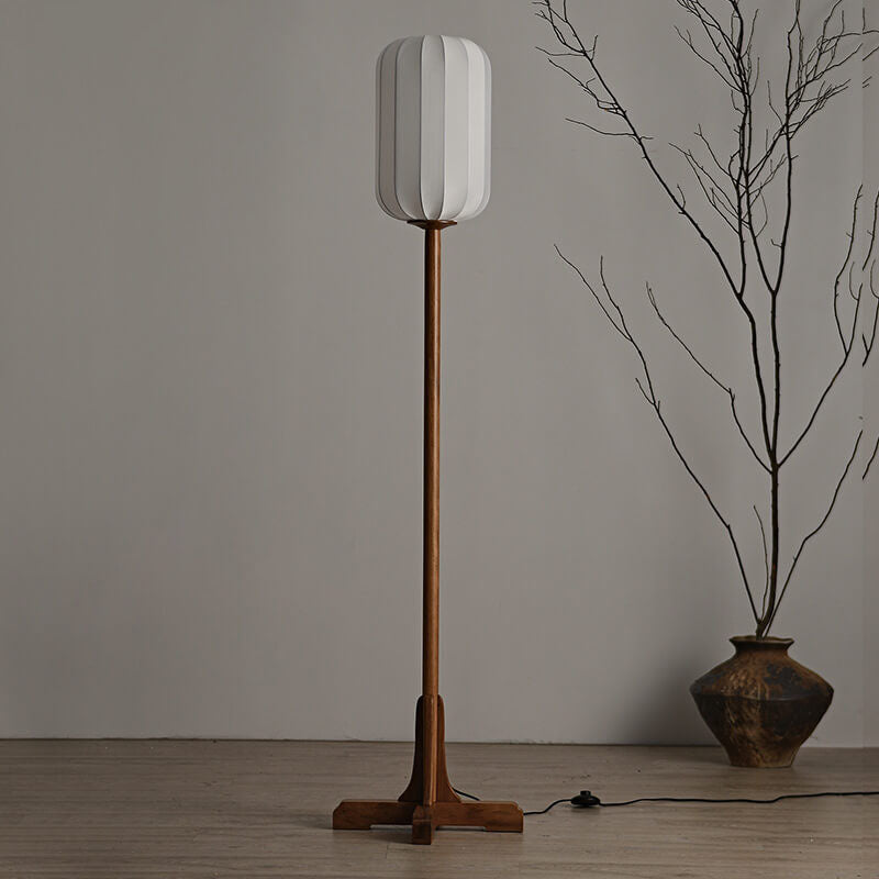 Japanese Zen Rosewood Base Silk Lantern Shade 1-Light Standing Floor Lamp Lumendat