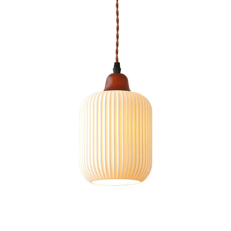 Japanese Vintage Pleated Ceramic Round Dome Wood 1-light Pendant Light Lumendat